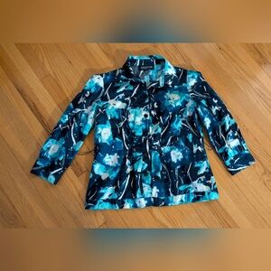 Jones New York Teal and Black Patterned Blouse